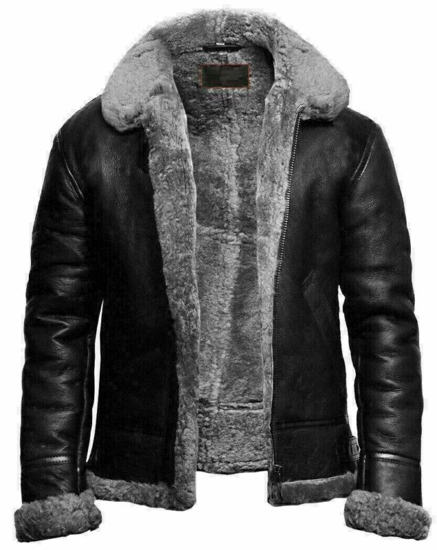 B3 Bomber RAF Aviator Real Fur Collar Black Leather Jacket