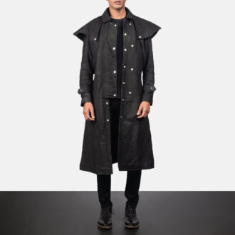 Sheepskin Leather Studded Black Leather Duster Coat