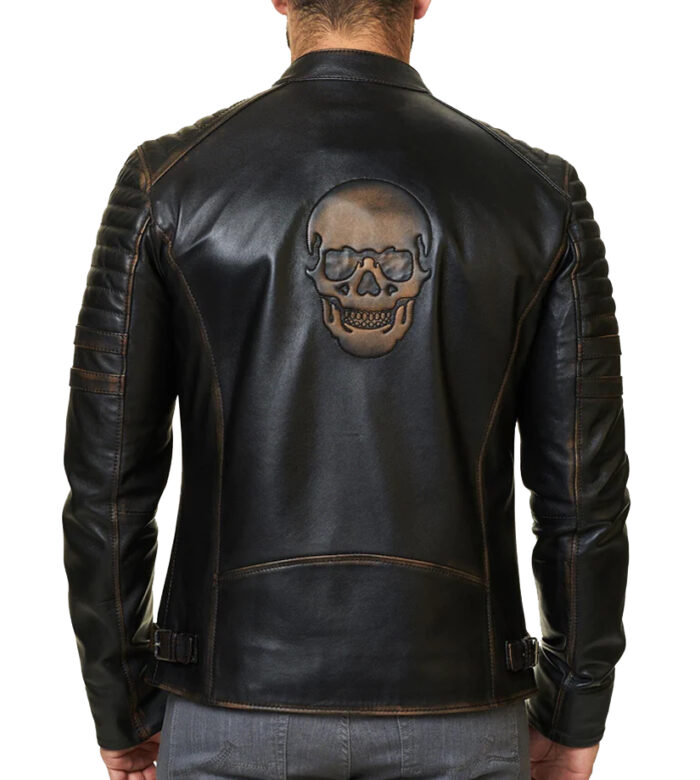 Men Skeleton Skull Black Distressed Biker Leather Jacket