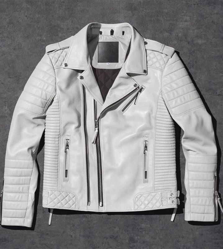 Men White Real Biker Leather Jacket