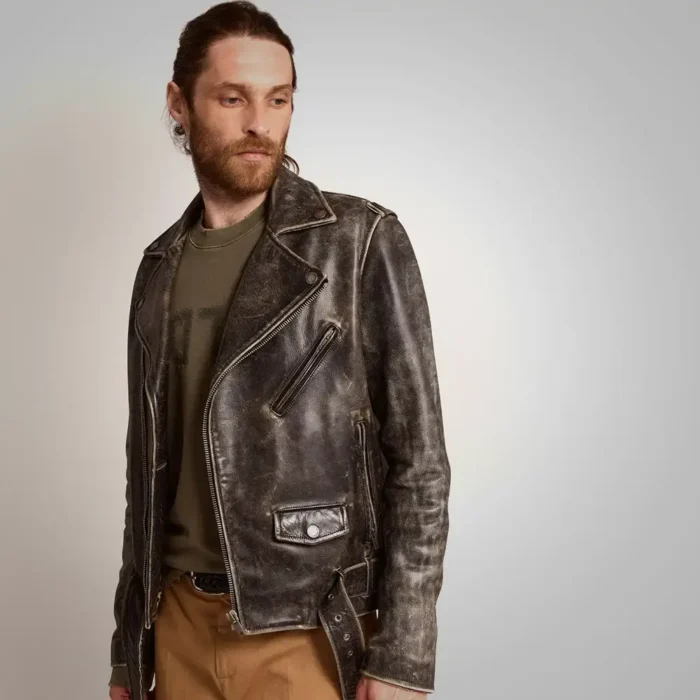 Men Grain Distressed Biker Leather Jacket