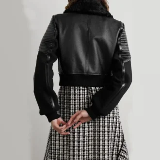 Black Shearling-trimmed textured-leather bomber jacket