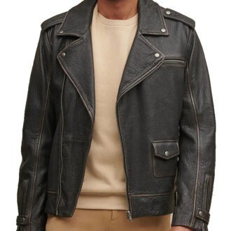 Asymmetrical Distressed Biker Leather Jacket