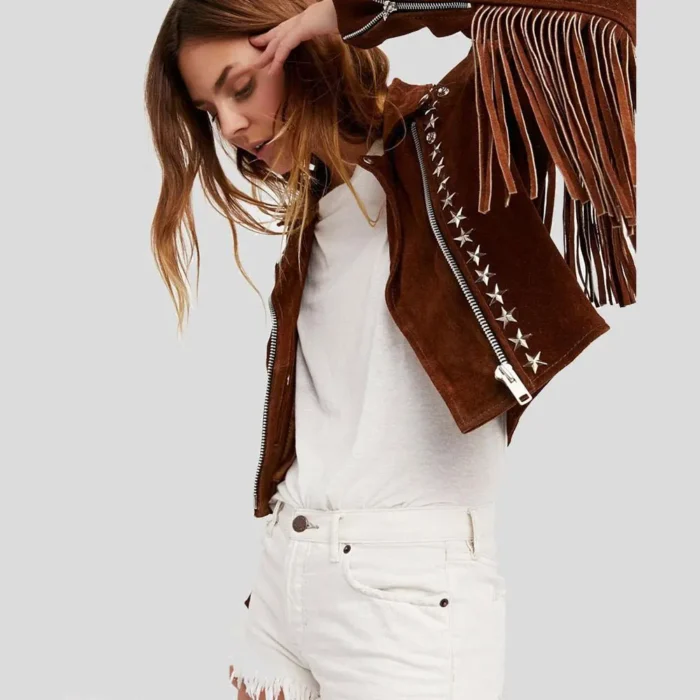 Brown Studded Suede Leather Jacket Fringes