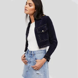 Women Blue Studded Suede Leather Jacket