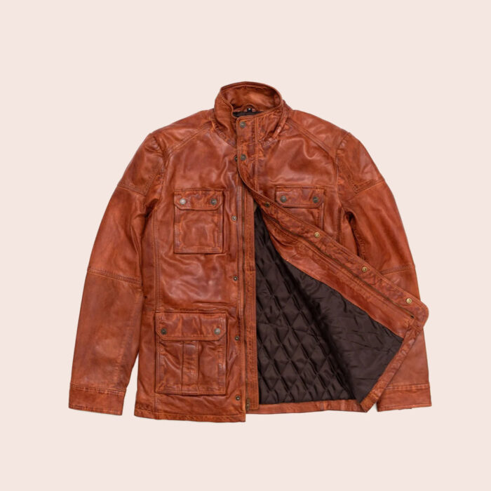 Men Grain Lambskin Brown Leather Field Jacket