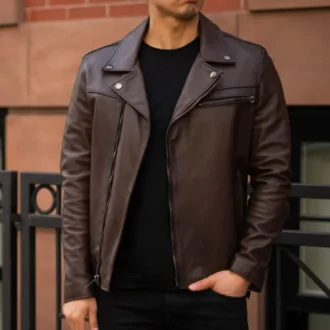 Brown Motorcycle Biker Genuine Leather Jacket For Men