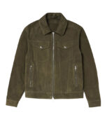 Men's Army Green Suede Trucker Leather Jacket