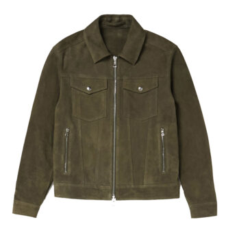 Men's Army Green Suede Trucker Leather Jacket