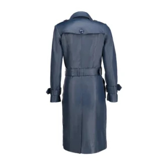 Women's Blue Leather Trench Long Coat