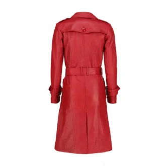 Red Leather Trench Long Coat For Women
