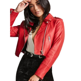 Eliza Crop Red Biker Leather Jacket