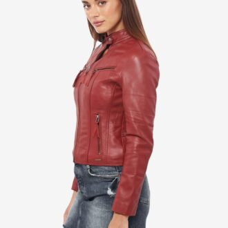 Jessica Burgundy Cafe Racer Leather Jacket
