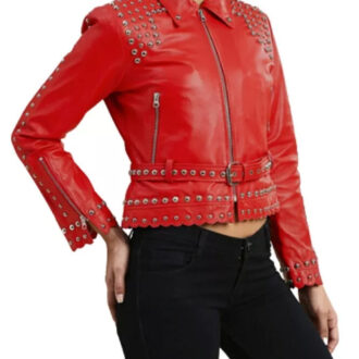 Jessica Studded Biker Red Leather Jacket