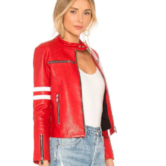 Julie Red Motorcycle Leather Jacket With White Stripes