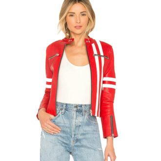 Julie Red Motorcycle Leather Jacket With White Stripes