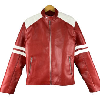 Kellan Red With White Stripes Biker Style Leather Jacket