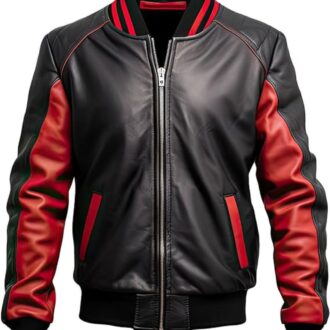 Mens Red and Black Varsity Bomber Leather Jacket