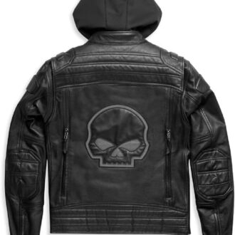 Mens Reflective Skull With Hood Real Leather Jacket
