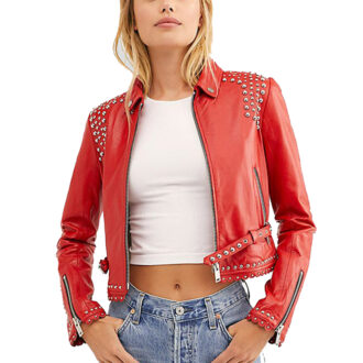Women's Red Studded Leather Jacket