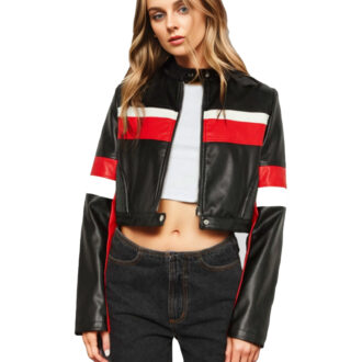 Velocity Racer Black Crop Moto Leather Jacket With Red And White Stripes
